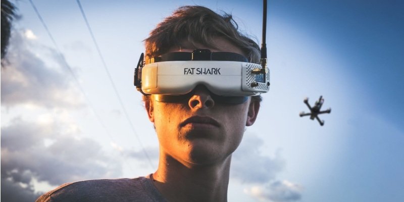 A drone being piloted with an FPV headset.