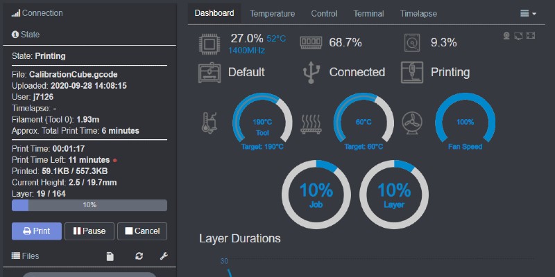 A screenshot of the Octoprint dashboard